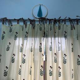 Beige Poppy Hand Block Printed Cotton Curtain Panels Bohemian Drapes - thumbnail 3