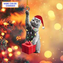 Custom Name British Shorthair Cat With Santa Hat & Christmas Lights, Tree Hanging Decor, Ornament, Flat 2D Ornament - thumbnail 1