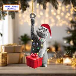 Custom Name British Shorthair Cat With Santa Hat & Christmas Lights, Tree Hanging Decor, Ornament, Flat 2D Ornament - thumbnail 2