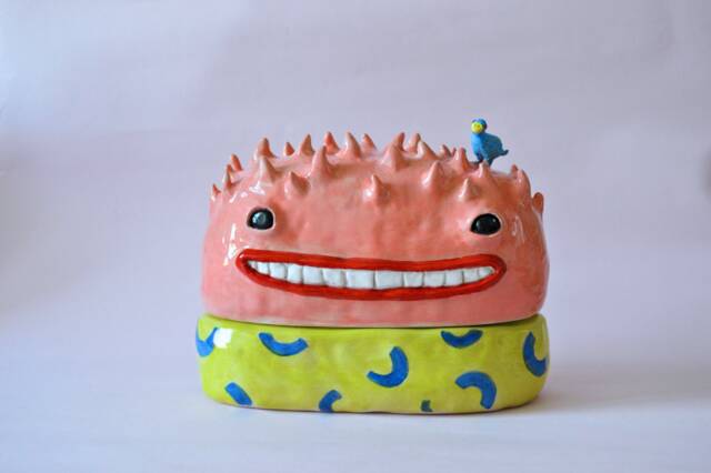 Pink Monster Jewelry Box Sculped, Adorably Creepy Desktop Figurine, Teenage Room Decor - image 1