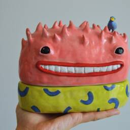 Pink Monster Jewelry Box Sculped, Adorably Creepy Desktop Figurine, Teenage Room Decor - thumbnail 3