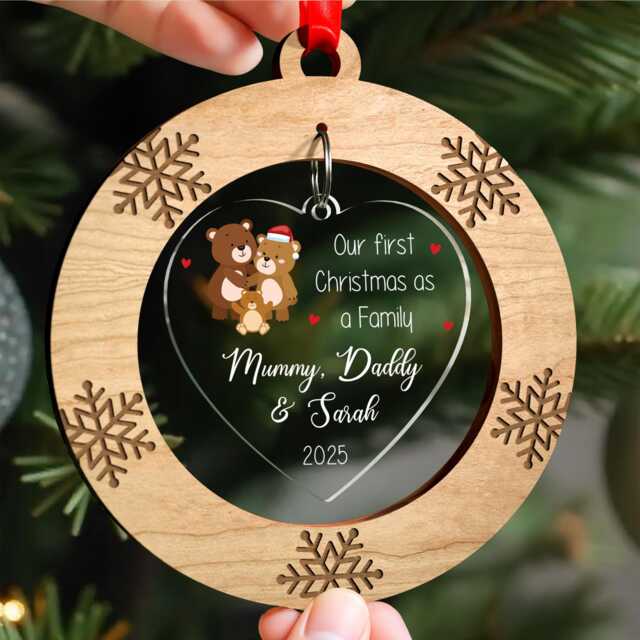 First Christmas As A Family Decoration, Personalised Of 3, Keepsake, Hanging Wooden Ornament, With Red Bag - image 1
