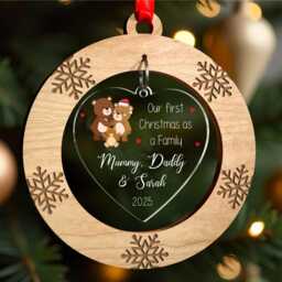 First Christmas As A Family Decoration, Personalised Of 3, Keepsake, Hanging Wooden Ornament, With Red Bag - thumbnail 2