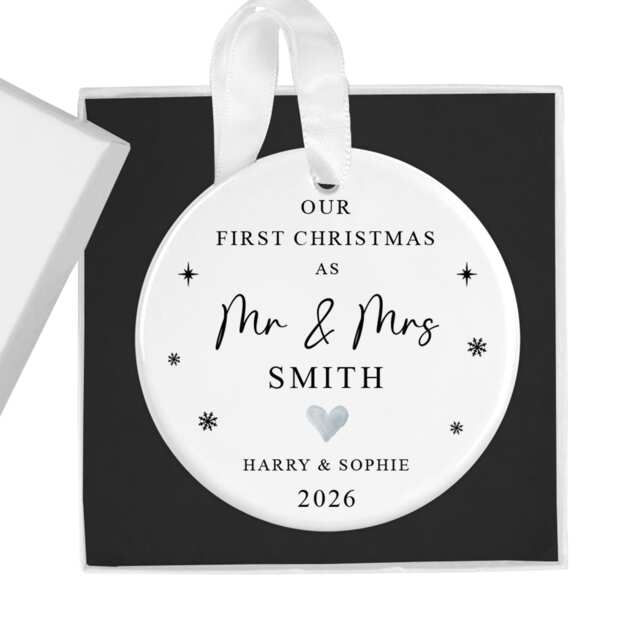 Personalised 2026 First Christmas As Mr & Mrs Bauble, Custom 1st Xmas Married Ornament Keepsake, Couples Tree Decoration Gift, Newlywed Gift - image 1