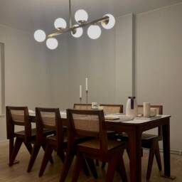 Modern Brass Linear Chandelier, Glass Globe Pendant Lighting, 7 Light - thumbnail 2