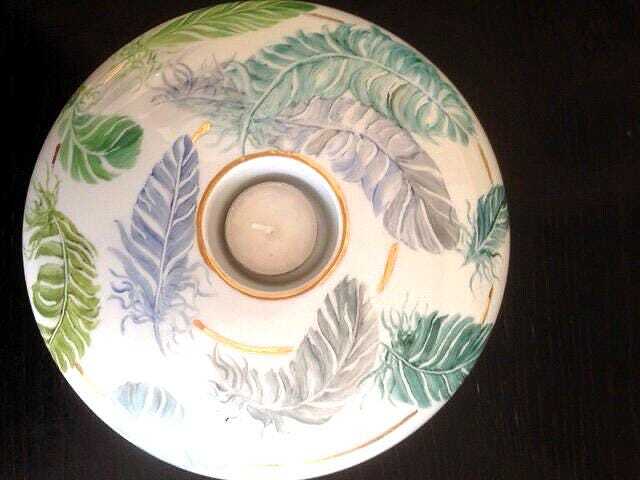 Hand-Painted Bone China, Round Candle Holder, Decorated With Blue & Green Feathers - image 1