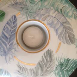 Hand-Painted Bone China, Round Candle Holder, Decorated With Blue & Green Feathers - thumbnail 4