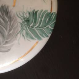 Hand-Painted Bone China, Round Candle Holder, Decorated With Blue & Green Feathers - thumbnail 3