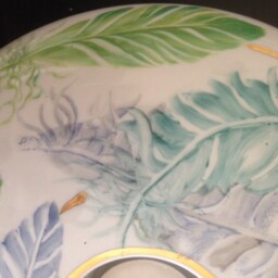 Hand-Painted Bone China, Round Candle Holder, Decorated With Blue & Green Feathers - thumbnail 2