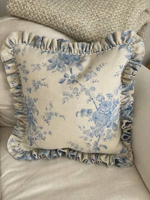 Peony & Sage Designer Fabric Cushion Cover in Mia Porcelain Blues On Stone With Ticking Piping & Frill 43cm - image 1