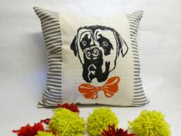 Hand Screen Print Bull Mastiff Pillow Cover Striped Ticking Fabric - thumbnail 1