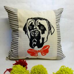 Hand Screen Print Bull Mastiff Pillow Cover Striped Ticking Fabric - thumbnail 2
