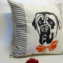 Hand Screen Print Bull Mastiff Pillow Cover Striped Ticking Fabric - thumbnail 3