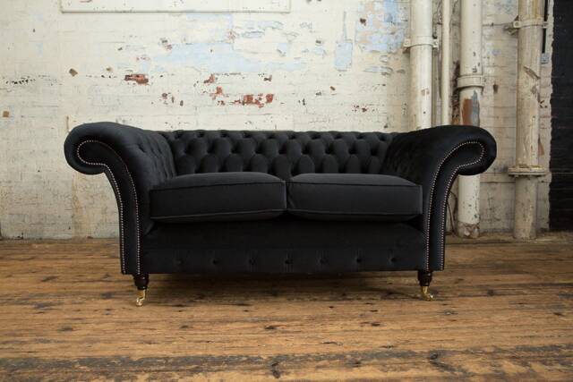 2 Seater Black Velvet Fabric Chesterfield Sofa, British Handmade - image 1