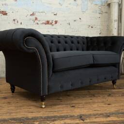 2 Seater Black Velvet Fabric Chesterfield Sofa, British Handmade - thumbnail 2