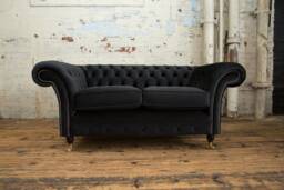 2 Seater Black Velvet Fabric Chesterfield Sofa, British Handmade