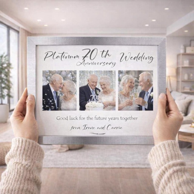 70Th Platinum Wedding Anniversary Personalised Photo Frame, Custom 3 Montage Gift For Couples, 70 Year Married Keepsake, 6 Frame Choices - image 1