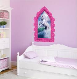 Moonlight Unicorn Castle Window Wall Decal Girls Room Playroom Art Decor Removable Fabric Mural