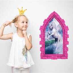 Moonlight Unicorn Castle Window Wall Decal Girls Room Playroom Art Decor Removable Fabric Mural - thumbnail 3