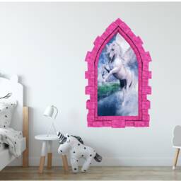 Moonlight Unicorn Castle Window Wall Decal Girls Room Playroom Art Decor Removable Fabric Mural - thumbnail 2