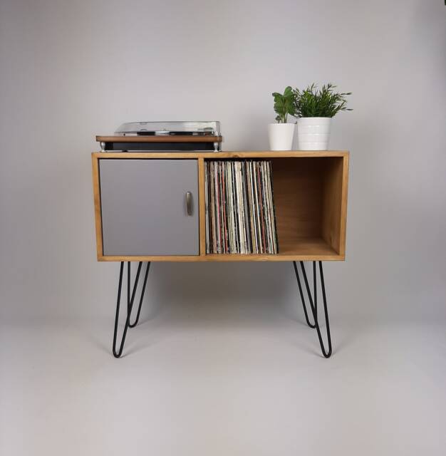 Oak Vinyl Record Sideboard - Grey Door, Mid-Century Modern Hairpin Legs - image 1