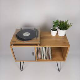 Oak Vinyl Record Sideboard - Grey Door, Mid-Century Modern Hairpin Legs - thumbnail 2