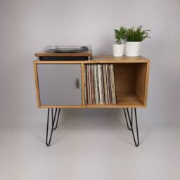 Oak Vinyl Record Sideboard - Grey Door, Mid-Century Modern Hairpin Legs - thumbnail 3