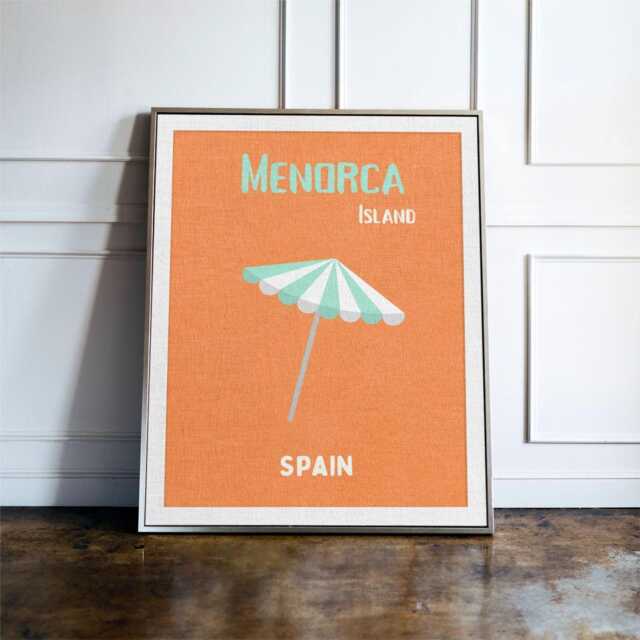 Menorca Spain Travel Poster, Balearic Island Wall Art, Beach Umbrella Print, Decor, Coastal Poster - image 1
