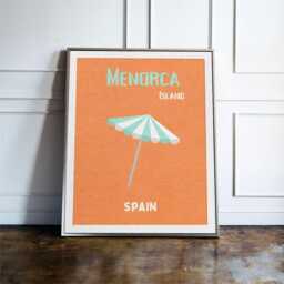 Menorca Spain Travel Poster, Balearic Island Wall Art, Beach Umbrella Print, Decor, Coastal Poster - thumbnail 1