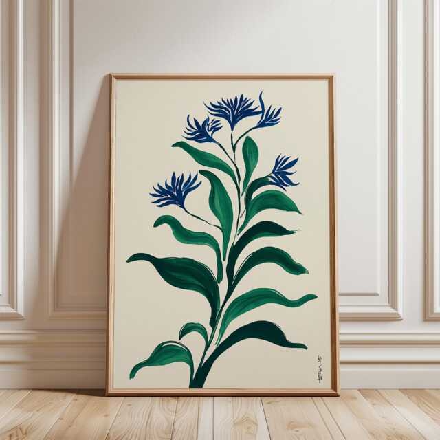 Blue Green Botanical Poster - Minimal Floral Illustration Vertical Plant Wall Art - image 1