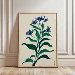 Blue Green Botanical Poster - Minimal Floral Illustration Vertical Plant Wall Art - thumbnail 1