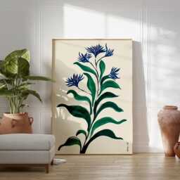 Blue Green Botanical Poster - Minimal Floral Illustration Vertical Plant Wall Art - thumbnail 3