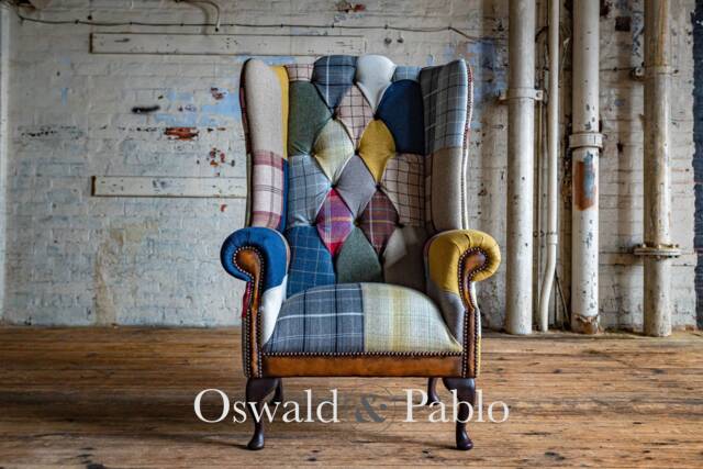 British Handmade Multi Coloured Wool Patchwork High Back Wing Chair - Leather Details - image 1