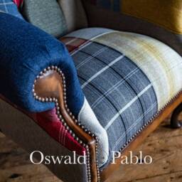 British Handmade Multi Coloured Wool Patchwork High Back Wing Chair - Leather Details - thumbnail 3