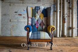 British Handmade Multi Coloured Wool Patchwork High Back Wing Chair - Leather Details - thumbnail 1