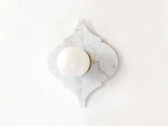 White Cararra Marble & Opal Glass Shade Eclectic Sconce Light Bathroom Wall Fixture Entry - image 1