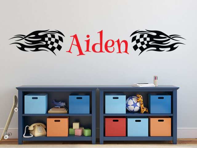 Personalized Racing Name Wall Decal - Flags Flame Art Kids Boys Bedroom Vinyl Decor