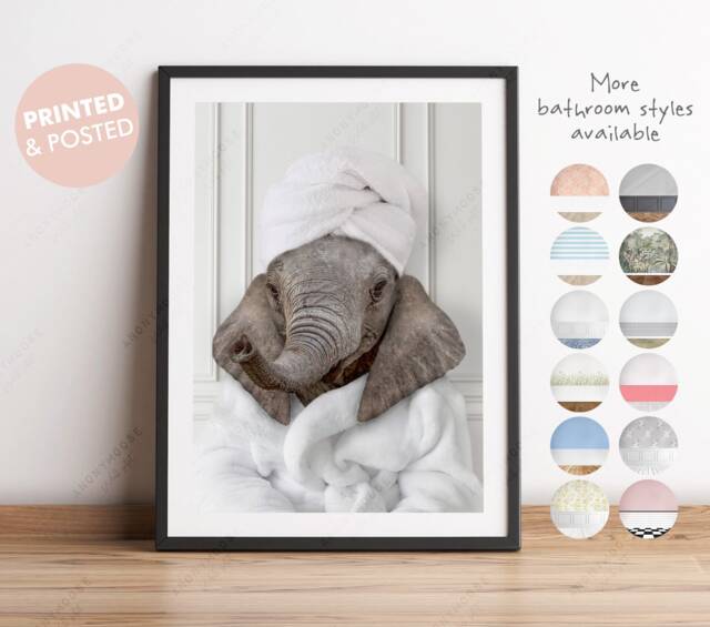 Baby Elephant in A Bathrobe Print, Bathing, Funny Bathroom Animal Towel On Head, Bath Robe, Whimsy - image 1