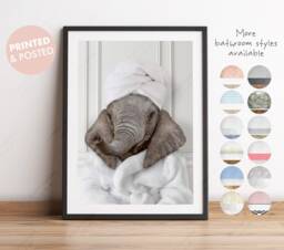 Baby Elephant in A Bathrobe Print, Bathing, Funny Bathroom Animal Towel On Head, Bath Robe, Whimsy - thumbnail 1