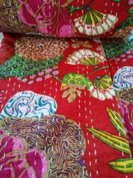 Red Floral Kantha Quilt, Handmade Indian Cotton Bedspread - thumbnail 1