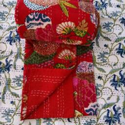 Red Floral Kantha Quilt, Handmade Indian Cotton Bedspread - thumbnail 3