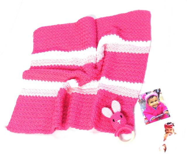 Crochet Baby Blanket, Girl Blanket Set, Rattle, Hot Pink, White, Shower Gift - image 1
