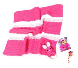 Crochet Baby Blanket, Girl Blanket Set, Rattle, Hot Pink, White, Shower Gift - thumbnail 1
