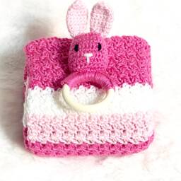 Crochet Baby Blanket, Girl Blanket Set, Rattle, Hot Pink, White, Shower Gift - thumbnail 3