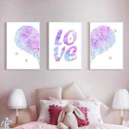 Purple Love Heart Nursery Prints Floral Girls Room Wall Art - Set Of 3 - thumbnail 2