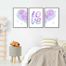 Purple Love Heart Nursery Prints Floral Girls Room Wall Art - Set Of 3 - thumbnail 3