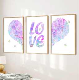 Purple Love Heart Nursery Prints Floral Girls Room Wall Art - Set Of 3 - thumbnail 1