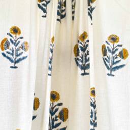 Mustard + Blue Poppy Flower Hand Block Printed Cotton Curtain Panels, Organic Drapes, Living Room Custom Made, 2 Panels - thumbnail 3