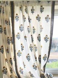 Mustard + Blue Poppy Flower Hand Block Printed Cotton Curtain Panels, Organic Drapes, Living Room Custom Made, 2 Panels - thumbnail 1