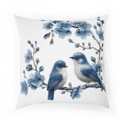 Cushion, Delft Blue Pillow, Floral Boho Chic, Bird Decor, Cozy Home, & White Pillow, Floral Decor, Blue Pillow - thumbnail 2
